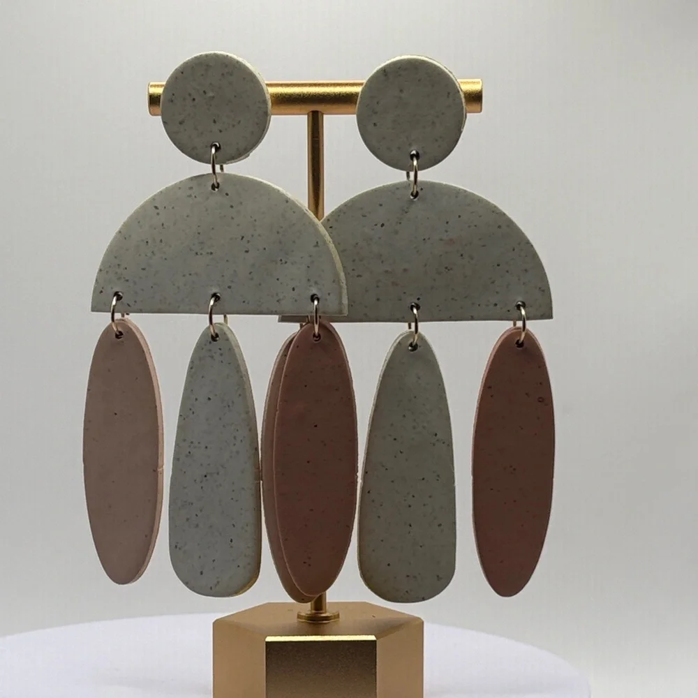 Modern Geometric Speckled Polymer Clay Dangle Earrings - Neutral Gray & Tan